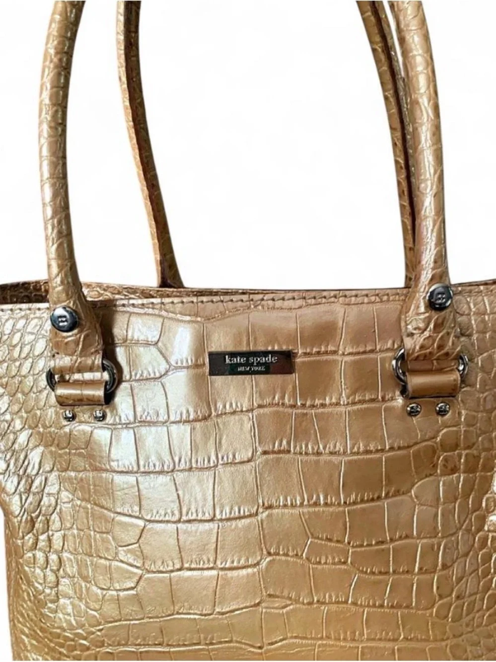 Kate Spade Gold Metallic Crocodile Embossed Leather Tote Bag - GUC
